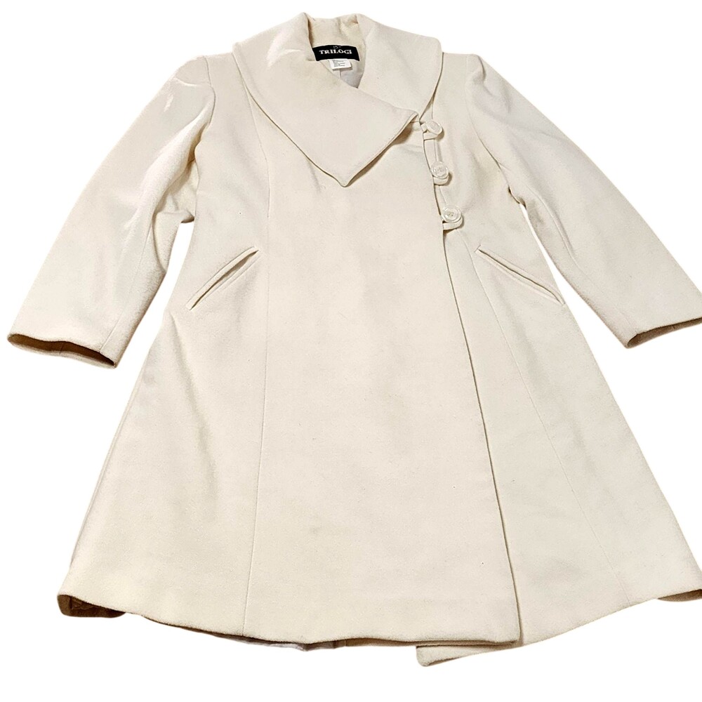 Vintage Trilogi Coat Womens 12P White Wool Blend Portrait Collar Dressy Overcoat